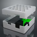 White Compact Computer Hardware Module with Top Ventilation Holes and Internal Green Black Parts