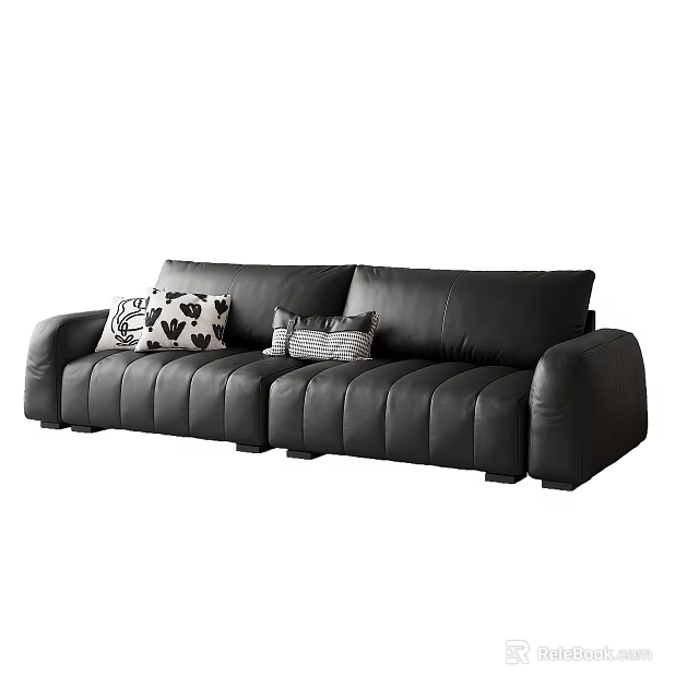 Modern Black Leather Two-Seater Sofa With Patterned Pillows And Tufted Design 3d model 