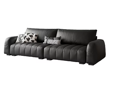 Modern Black Leather Two-Seater Sofa With Patterned Pillows And Tufted Design 3d model