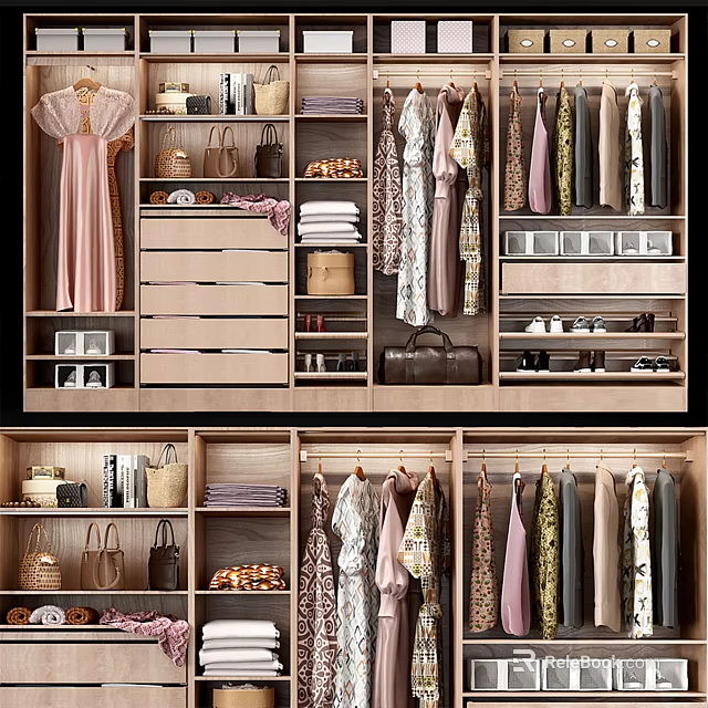 Practical Wooden Wardrobe Interior Design With Hanging Clothes Drawers Bags And Shoes 3d model 