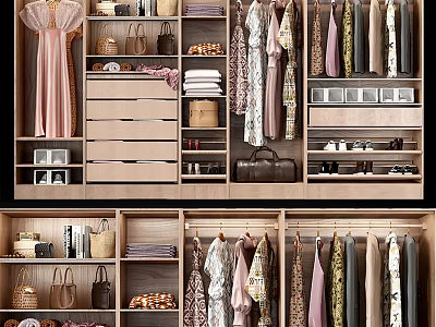Practical Wooden Wardrobe Interior Design With Hanging Clothes Drawers Bags And Shoes 3d model