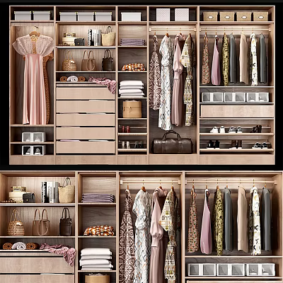Practical Wooden Wardrobe Interior Design With Hanging Clothes Drawers Bags And Shoes 3d model