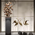 Elegant Ornament Decoration Set With Tree Shaped Sculpture Crane Figurines Stones And Bamboo Pattern Screen