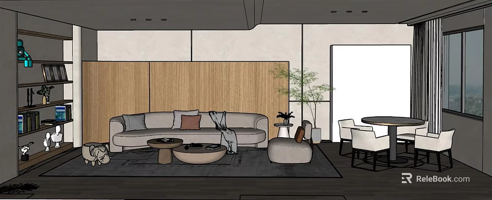Modern Living and Dining Room Interior With Sofa Pillows Coffee Table Plant And Dining Chairs 3d model 