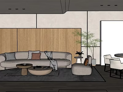Modern Living and Dining Room Interior With Sofa Pillows Coffee Table Plant And Dining Chairs 3d model