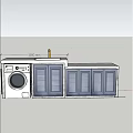 Modern Washbasin Vanity With Blue Cabinets Washing Machine And Potted Plant Against Gray Wall