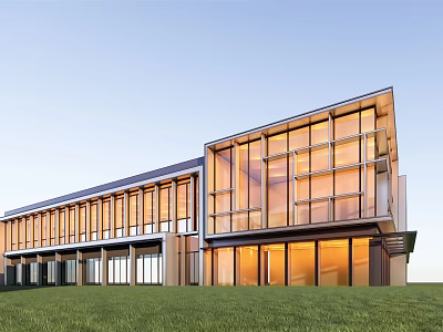 Modern Commercial Street Architecture With Glass Facades And Green Lawn Exterior Design 3d model