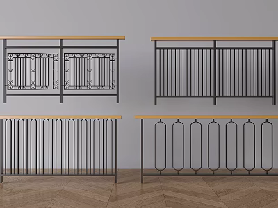 Different Styles Of Modern Metal Railings With Wooden Top And Decorative Patterns 3d model