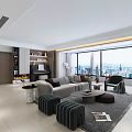 Modern Living and Dining Room with Large Windows City View Sofa TV and Plants