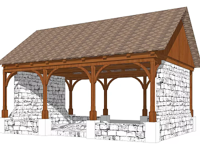 Traditional Wooden Pavilion With Tiled Roof Stone Walls And Wooden Columns 3d model