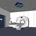 CT Scan Room Interior With Medical Equipment White Walls Blue Floor And Ceiling Logo