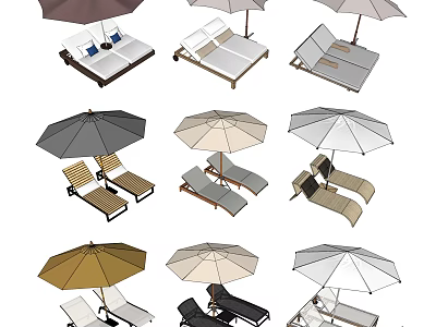 Outdoor Lounge Chairs In Various Styles With Matching Umbrellas For Patio Use 3d model