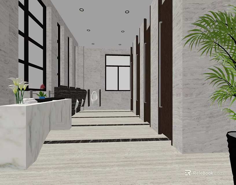 Modern Public Toilet Interior Design With Marble Walls Green Plants And Washbasins 3d model 