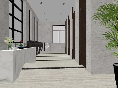 Modern Public Toilet Interior Design With Marble Walls Green Plants And Washbasins 3d model