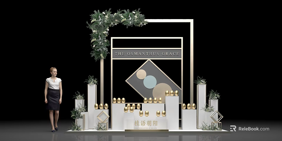 Elegant Decorative Display Setup Featuring Golden Containers Green Plant Decor And Vine Arch 3d model 