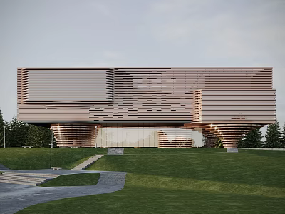 Modern Architectural Exterior With Metal Stripes Glass Curtain Wall Lawn And Steps 3d model