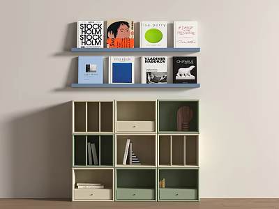 Blue Upper And Beige Green Lower Shelves With Books And Decorative Item 3d model