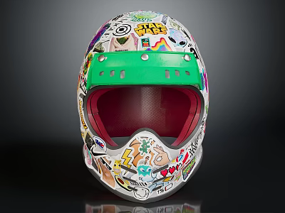 Colorful Sticker Decorated Helmet With Green Accent And Red Visor 3d model