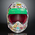 Colorful Sticker Decorated Helmet With Green Accent And Red Visor