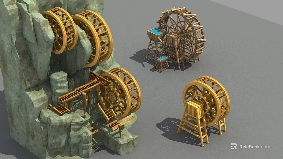 Traditional Agricultural Irrigation Equipment Featuring Multiple Wooden Waterwheels and Stone Supports 3d model 