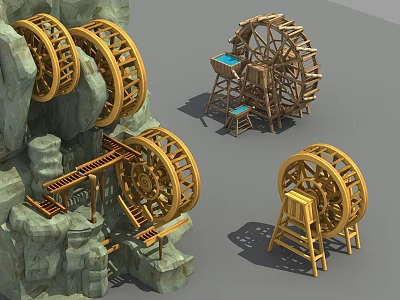 Traditional Agricultural Irrigation Equipment Featuring Multiple Wooden Waterwheels and Stone Supports 3d model