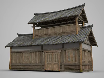 Traditional Two Story Wooden House with Tile Roof and Wooden Structure 3d model