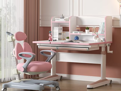 Modern Kids Desk With Pink Chair Storage Shelves White Pink Design And Study Accessories 3d model