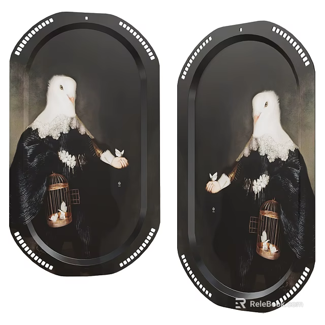 Black Oval Shaped Decorative Trays Featuring Pigeon And Birdcage Design With White Accents 3d model 