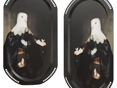 Black Oval Shaped Decorative Trays Featuring Pigeon And Birdcage Design With White Accents 3d model