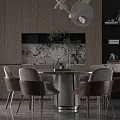 Modern Restaurant Interior With Round Dining Table Gray Chairs Pendant Lights And Marble Backsplash 3d model