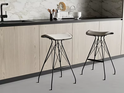 Modern Kitchen Interior With Stylish Bar Stools White Seats Black Metal Frames 3d model