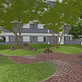Residential Landscape Design With Green Lawn Trees Rocks And Stone Path