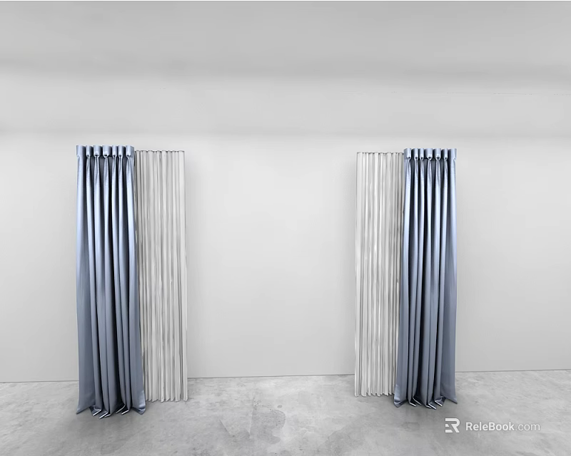 Blue And White Pleated Curtains In Room With White Walls And Gray Floor 3d model 