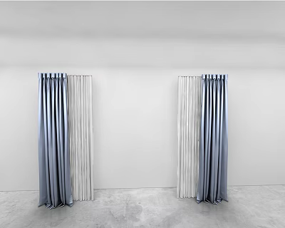 Blue And White Pleated Curtains In Room With White Walls And Gray Floor 3d model