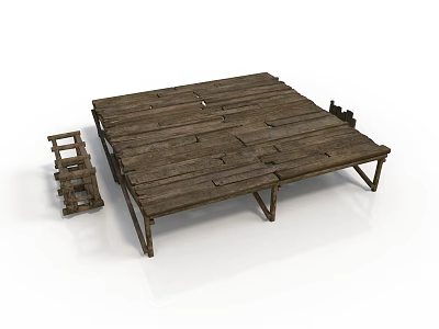 Rustic Wooden Pallet Platform with Small Ladder Shelf and Sturdy Legs 3d model