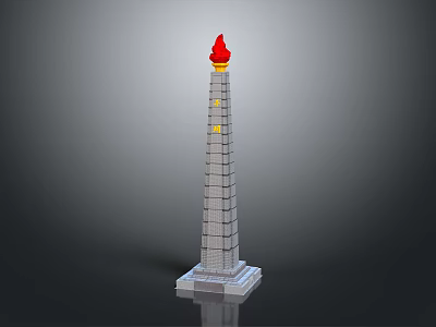 Gray Brick Monument Tower With Red Flame Top And Base Foundation 3d model