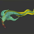 3D Mythical Creature With Blue Green Yellow Long Tail And Shiny Surface Reflection