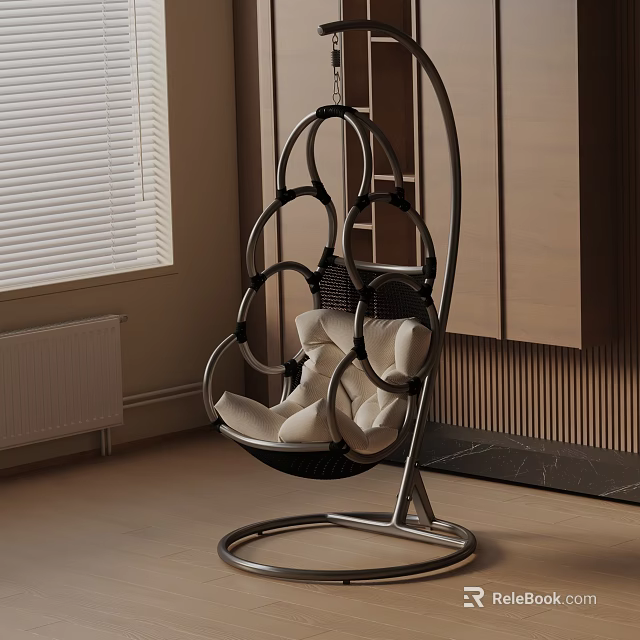 Modern Indoor Swing Chair With Metal Frame White Cushions Near Window And Wooden Panels 3d model 