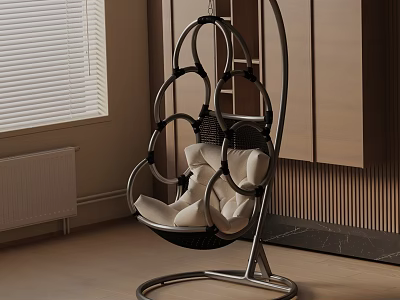 Modern Indoor Swing Chair With Metal Frame White Cushions Near Window And Wooden Panels 3d model