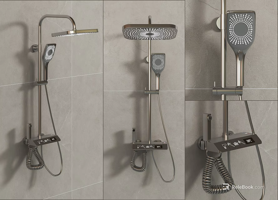 Modern Wall Mounted Shower Faucet With Rain Head Handheld Spray And Control Knobs 3d model 