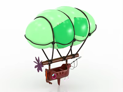 Green Hot Air Balloon With Three Balloons Black Frame Brown Basket And Purple Propeller 3d model