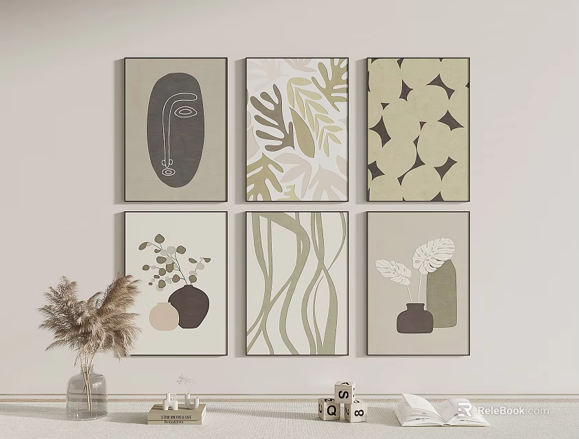 Modern Interior Wall Decor With Abstract Paintings Leaf Patterns And Dried Plant Vase 3d model