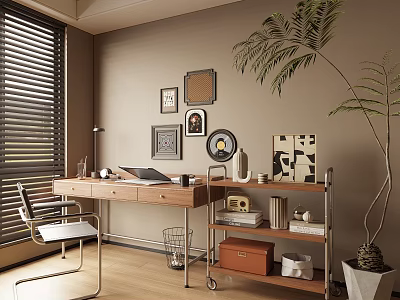 Wooden Writing Desk With Framed Pictures Trolley Cart And Potted Plant In Modern Home Office 3d model