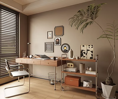 Wooden Writing Desk With Framed Pictures Trolley Cart And Potted Plant In Modern Home Office 3d model