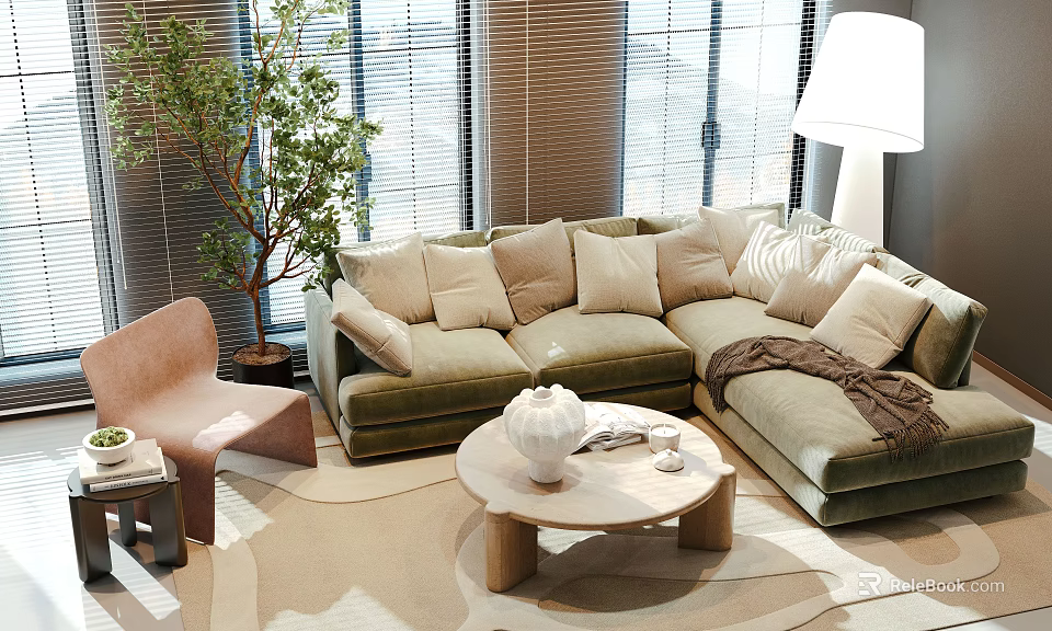 Cozy Living Room with L shaped Green Sofa Beige Cushions and Round Coffee Table Set 3d model 