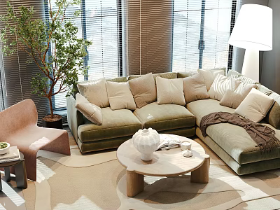 Cozy Living Room with L shaped Green Sofa Beige Cushions and Round Coffee Table Set 3d model