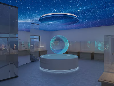 Starry Sky Ceiling Exhibition Space With Central Glowing Sphere And Glass Display Cases 3d model