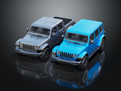 Gray and Blue Off Road Vehicles with Reflective Surfaces on Black Background 3d model