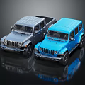 Gray and Blue Off Road Vehicles with Reflective Surfaces on Black Background