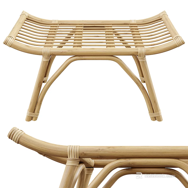 Natural Rattan Stool With Intricate Woven Seat And Curved Bamboo Legs Design 3d model 